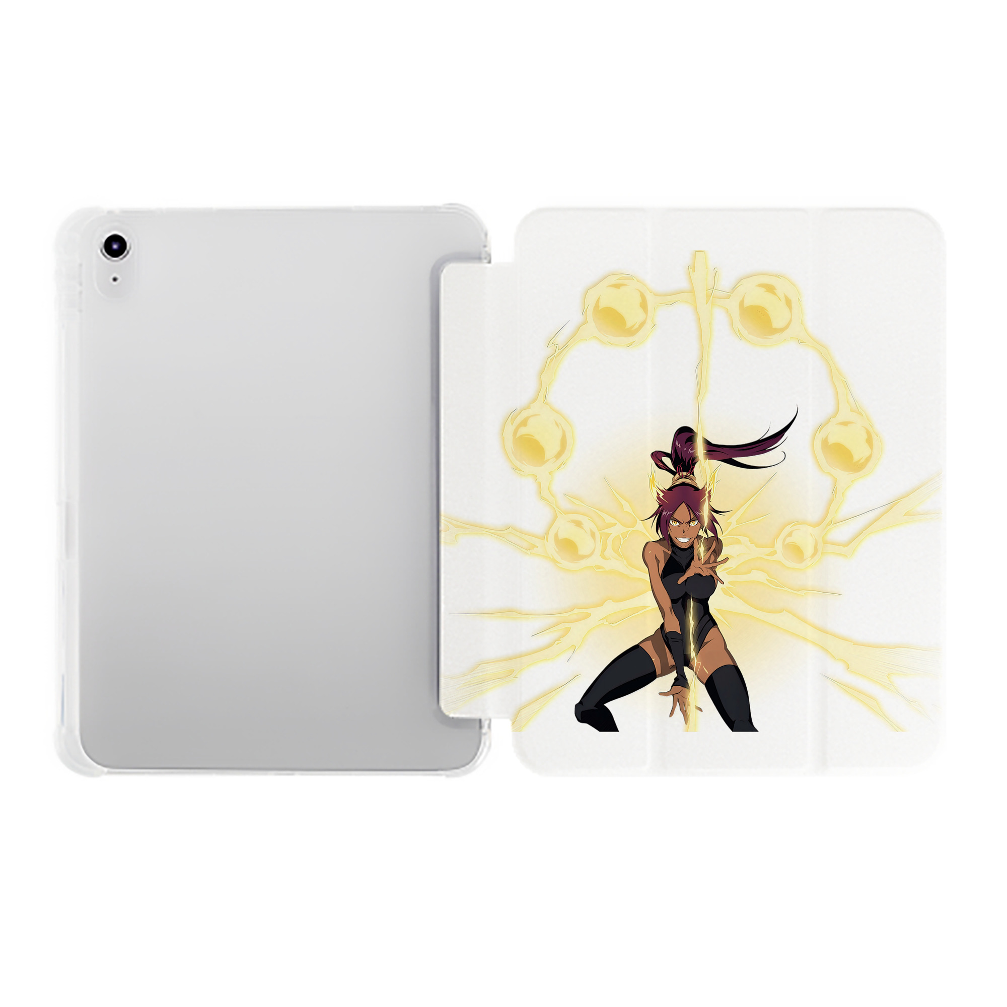 （画像用） ブリーチ 四楓院 夜一（しほういん よるいち） BLEACH Shihouin Yoruichi IPad ケース ペン収納付き 三つ折りスタンド PUレザー×シリコン 対応機種9.5/10.5/10.9インチ